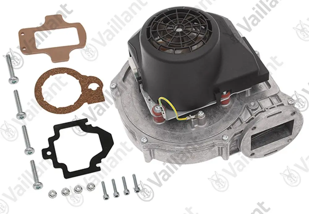 Vaillant Gebläsemotor mit Gaskets, Schrauben und Montagezubehör. Sichtbare Komponenten für Heizsysteme des Herstellers Vaillant.